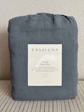 NWT California King 100% Linen Sheet Set Mineral Blue - Casaluna